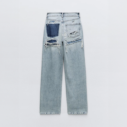 Effortless Distressed Wide Leg Jeans for Women with High Waisted Ripped Patch Relaxed Style