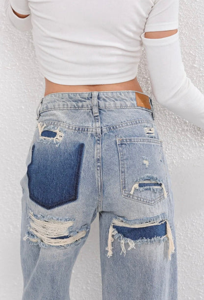 Effortless Distressed Wide Leg Jeans for Women with High Waisted Ripped Patch Relaxed Style