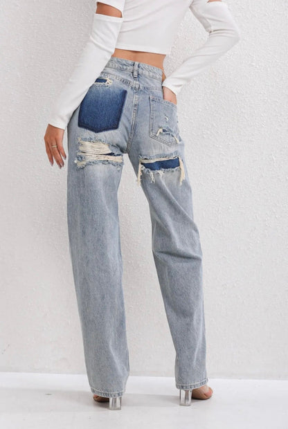 Effortless Distressed Wide Leg Jeans for Women with High Waisted Ripped Patch Relaxed Style