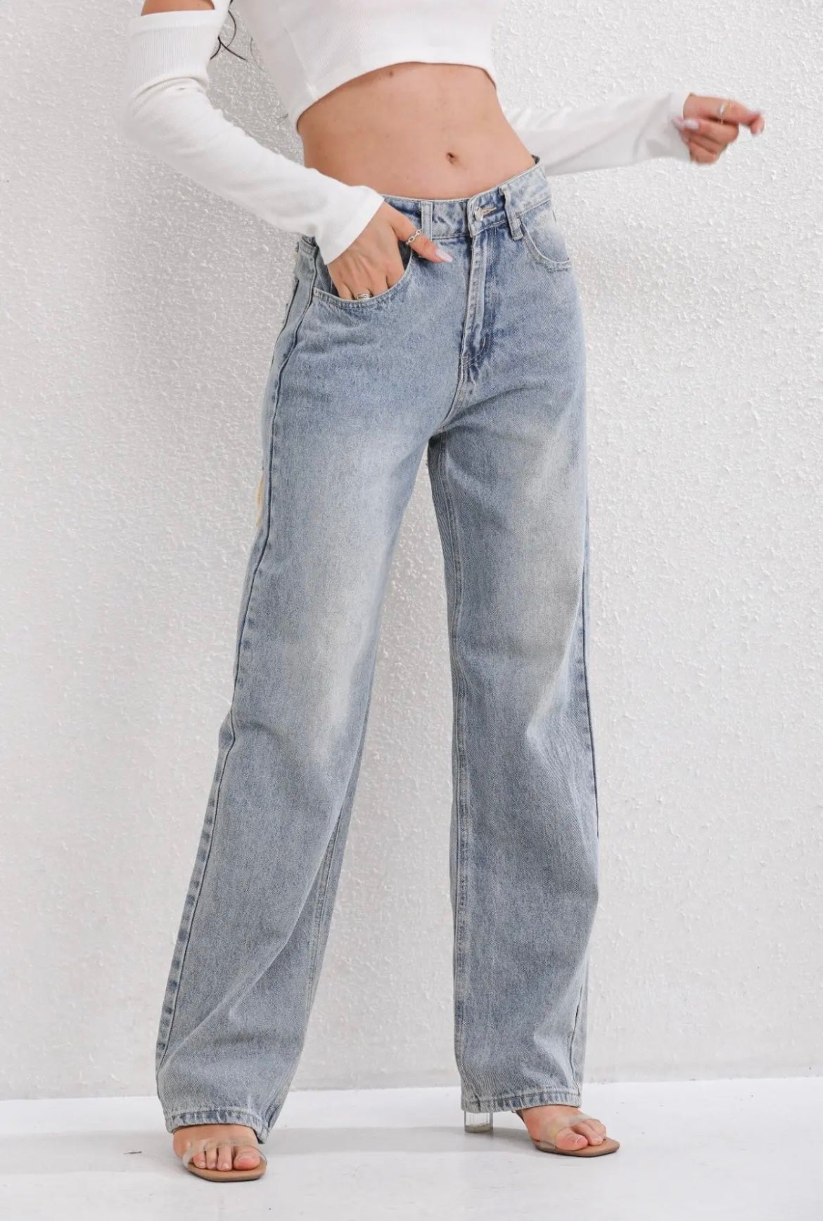 Effortless Distressed Wide Leg Jeans for Women with High Waisted Ripped Patch Relaxed Style