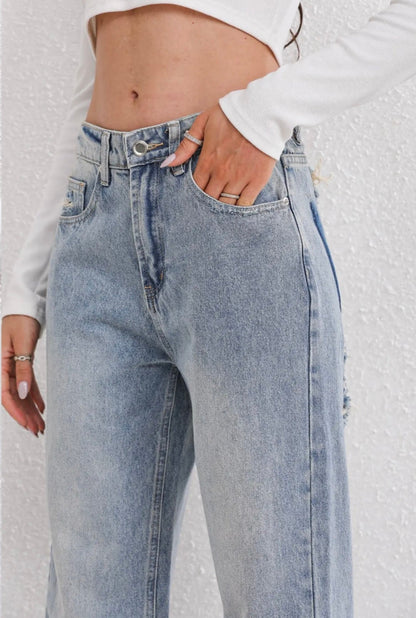 Effortless Distressed Wide Leg Jeans for Women with High Waisted Ripped Patch Relaxed Style