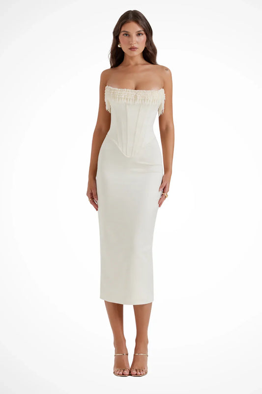 Chic Corset Cocktail Dress for Women with Strapless Bodycon Ruched Midi Party Style