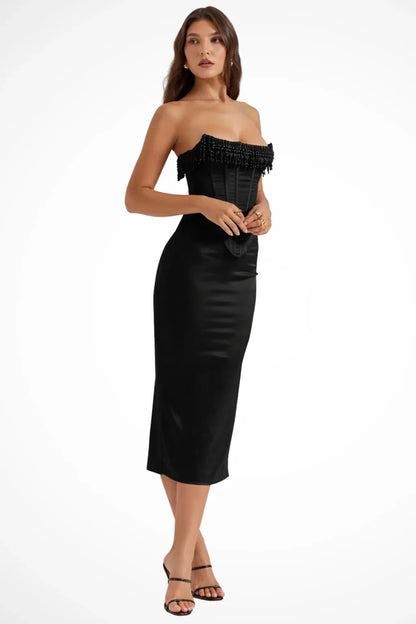 Chic Corset Cocktail Dress for Women with Strapless Bodycon Ruched Midi Party Style