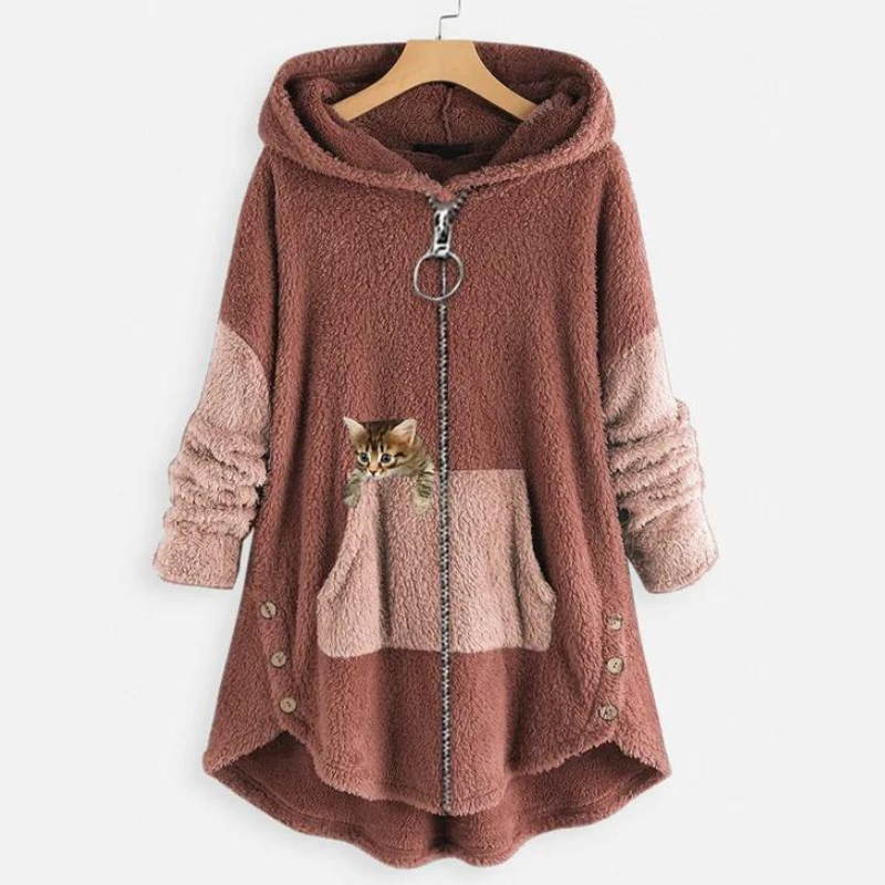 Comfortable Gray Fleece Hooded Jacket for Women with Zip Front Long Sleeve Cat Print High Low Casual Style