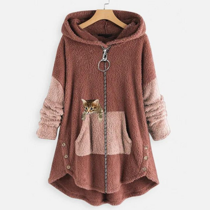 Comfortable Gray Fleece Hooded Jacket for Women with Zip Front Long Sleeve Cat Print High Low Casual Style