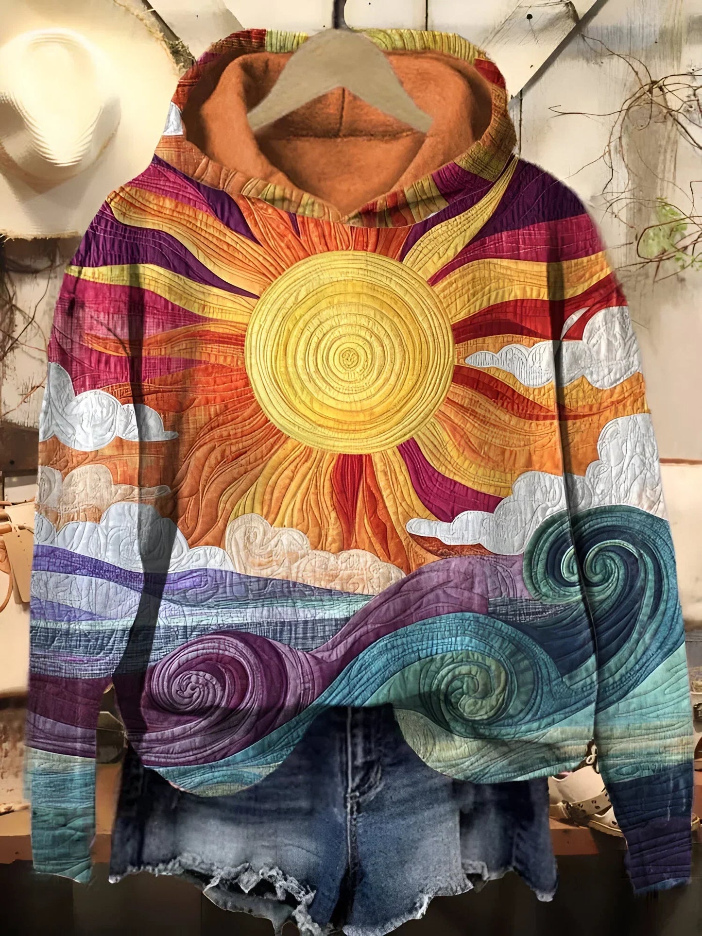 Comfortable Sunset Wave Print Hoodie for Women with Hooded Long Sleeve Quilted Oversized Bohemian Style