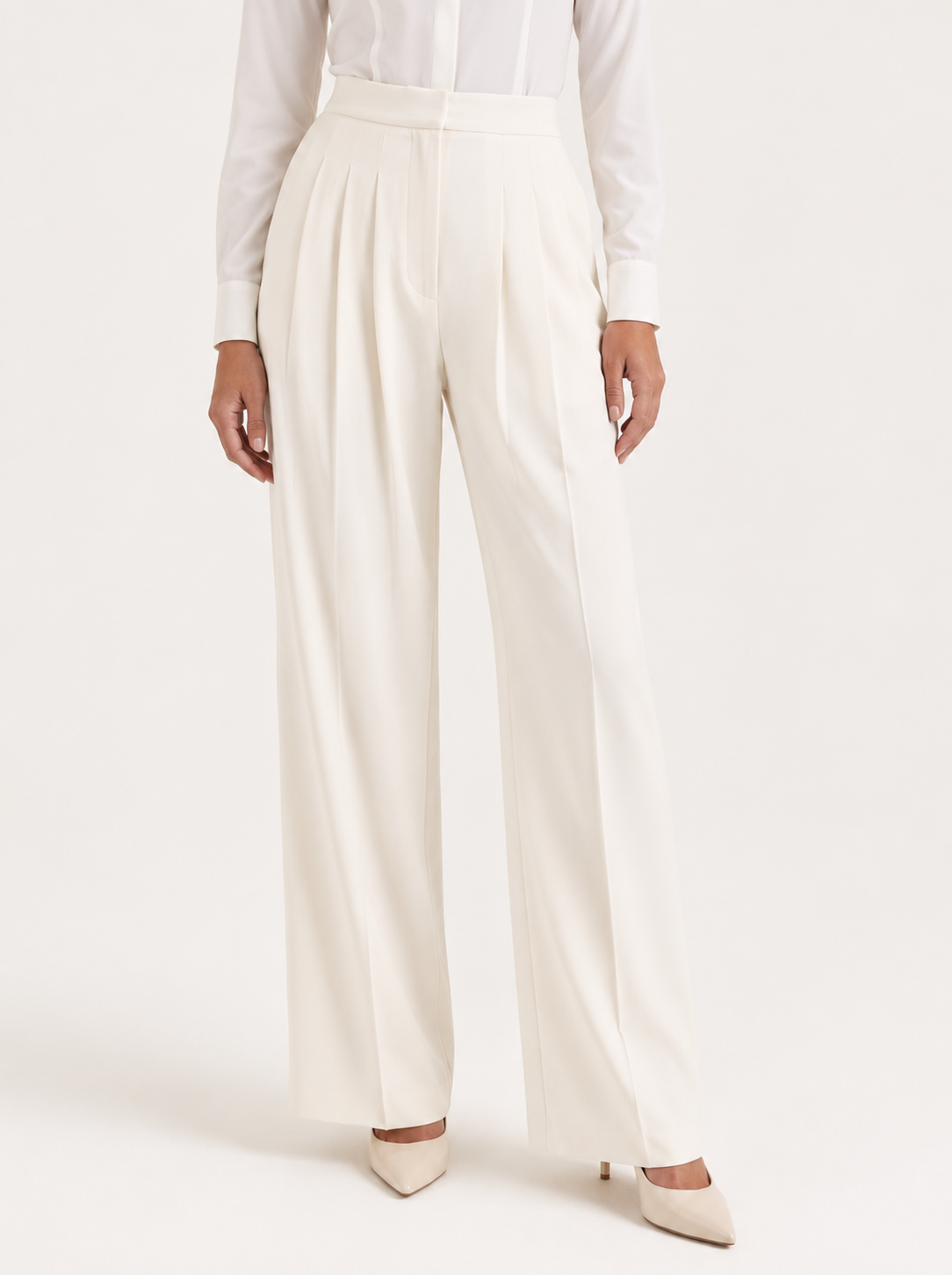 Elegant Cream Dress Pants for Women with High Waist Pleated Wide Leg Tailored Style