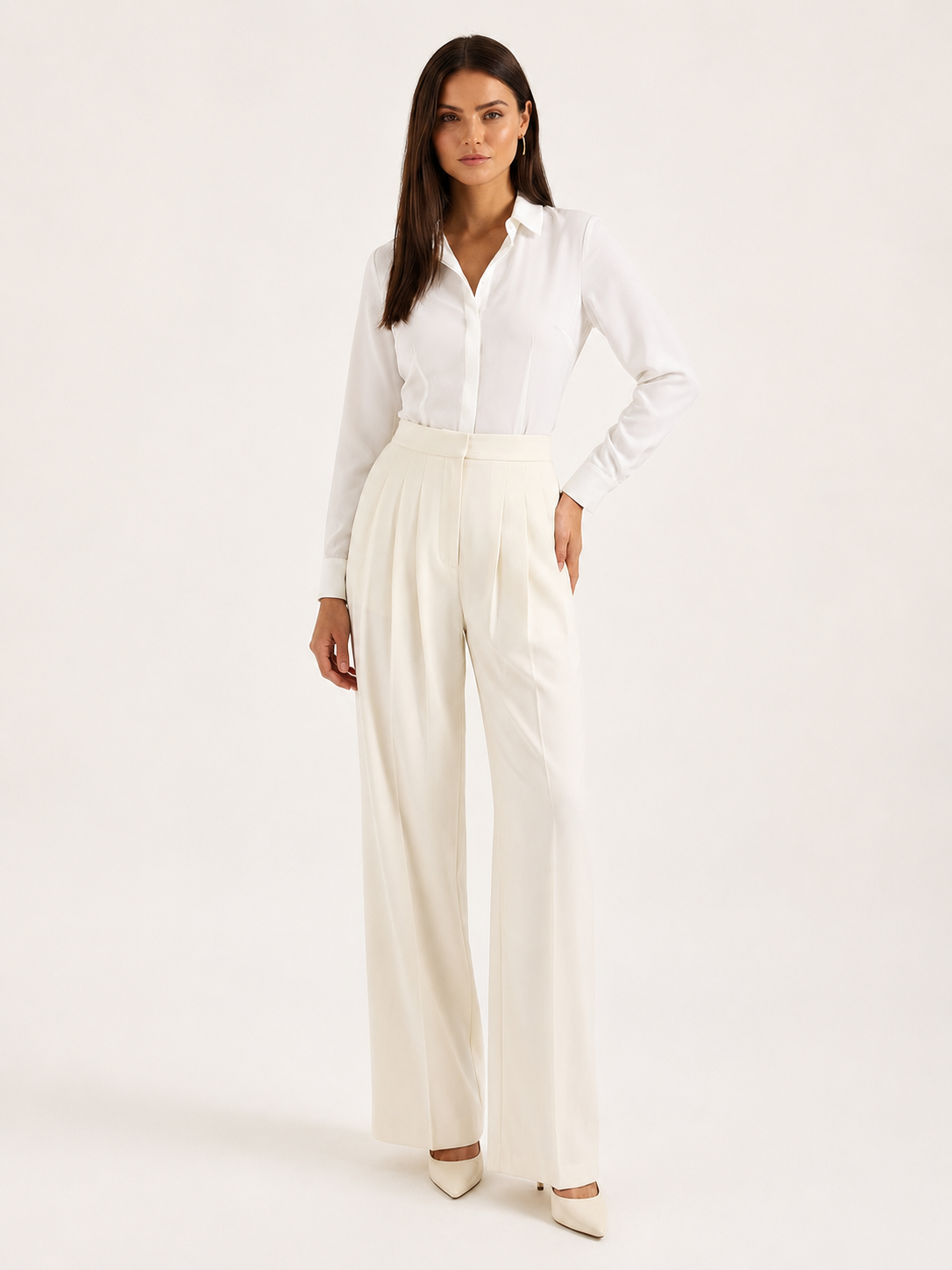 Elegant Cream Dress Pants for Women with High Waist Pleated Wide Leg Tailored Style