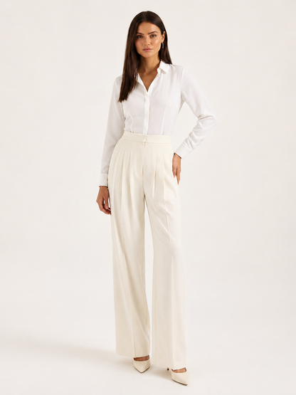 Elegant Cream Dress Pants for Women with High Waist Pleated Wide Leg Tailored Style