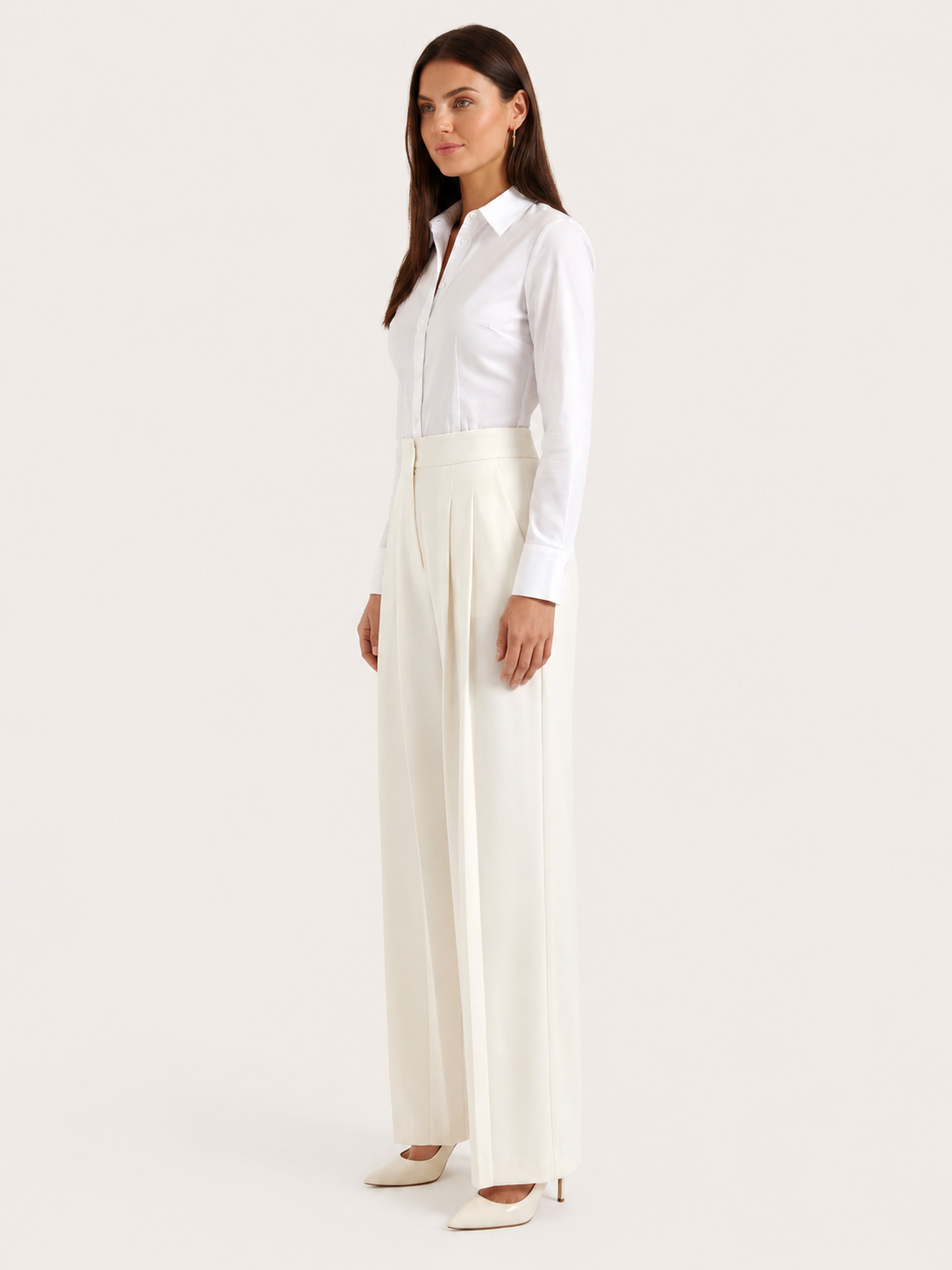 Elegant Cream Dress Pants for Women with High Waist Pleated Wide Leg Tailored Style