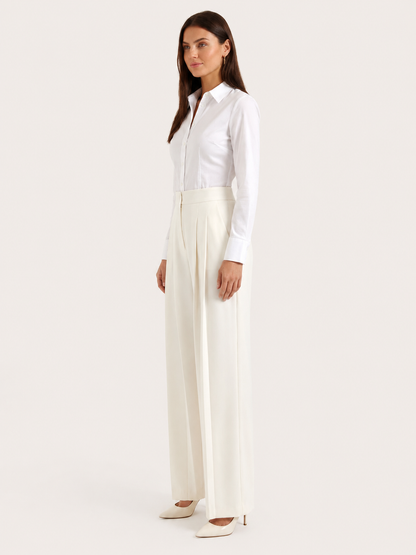 Elegant Cream Dress Pants for Women with High Waist Pleated Wide Leg Tailored Style