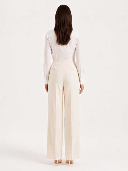 Elegant Cream Dress Pants for Women with High Waist Pleated Wide Leg Tailored Style