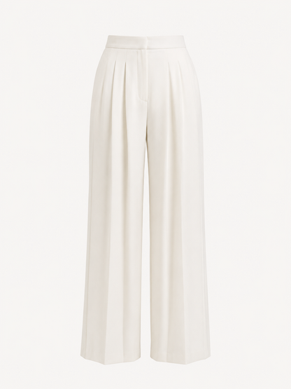 Elegant Cream Dress Pants for Women with High Waist Pleated Wide Leg Tailored Style