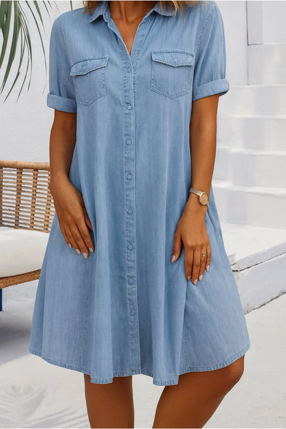 Effortless Denim Dress for Women with Collar Short Sleeve Button Front Swing Casual Style
