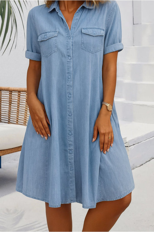Effortless Denim Dress for Women with Collar Short Sleeve Button Front Swing Casual Style