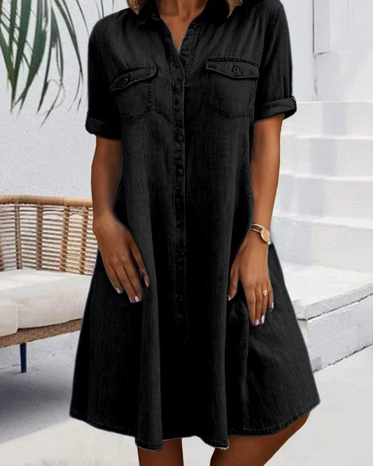 Effortless Black Tie Dress for Women with Collar Short Sleeve Button Front Swing Casual Style