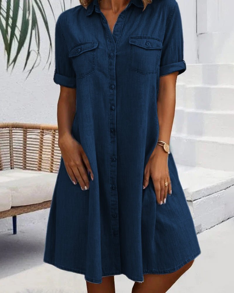 Effortless Denim Dress for Women with Collar Short Sleeve Button Front Swing Casual Style