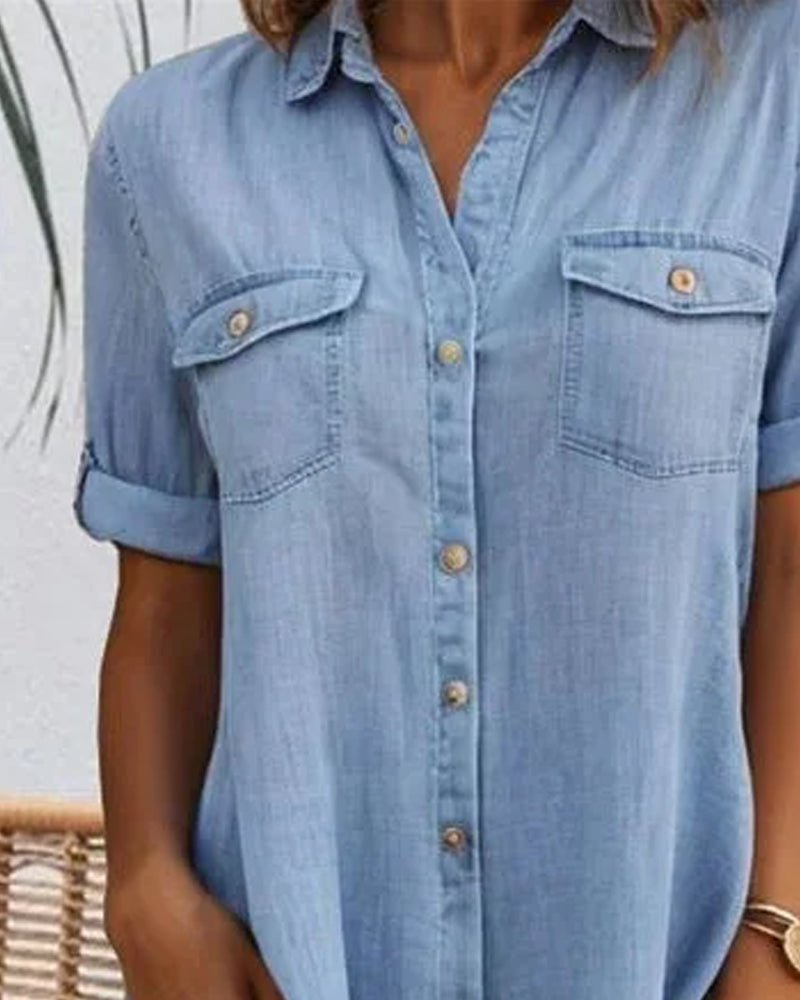 Effortless Denim Dress for Women with Collar Short Sleeve Button Front Swing Casual Style