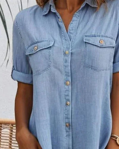Effortless Denim Dress for Women with Collar Short Sleeve Button Front Swing Casual Style