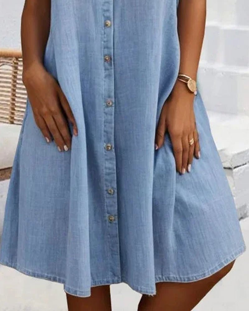 Effortless Denim Dress for Women with Collar Short Sleeve Button Front Swing Casual Style