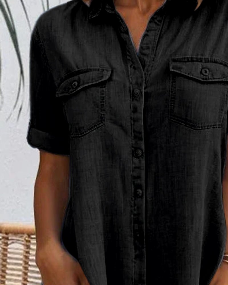 Effortless Denim Dress for Women with Collar Short Sleeve Button Front Swing Casual Style