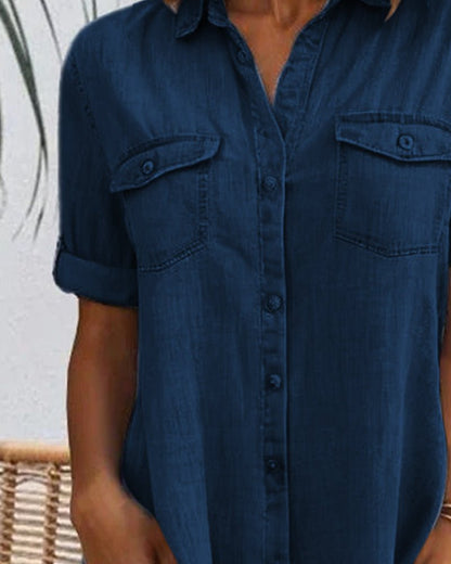 Effortless Denim Dress for Women with Collar Short Sleeve Button Front Swing Casual Style