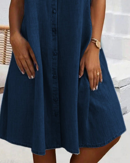 Effortless Denim Dress for Women with Collar Short Sleeve Button Front Swing Casual Style