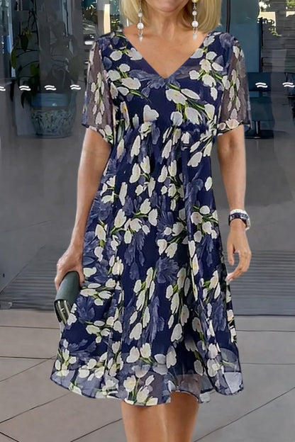 Elegant Floral A Line Dress for Women with V-Neck Short Sleeve Chiffon Midi Casual Summer Style