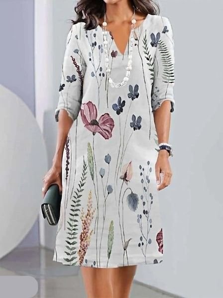 Elegant Floral A Line Dress for Women with V-Neck Short Sleeve Chiffon Midi Casual Summer Style