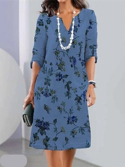 Elegant Floral A Line Dress for Women with V-Neck Short Sleeve Chiffon Midi Casual Summer Style