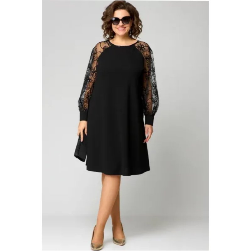 Elegant Black A Line Dress for Women with Round Neck Lace Long Sleeve Knee Length Formal Wedding Guest Style