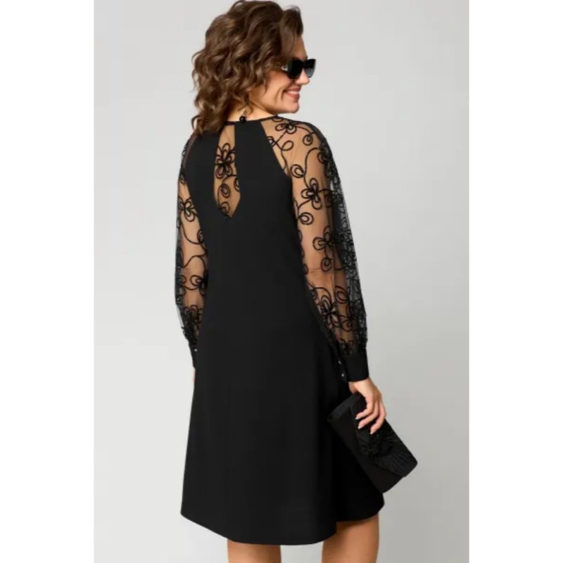 Elegant Black A Line Dress for Women with Round Neck Lace Long Sleeve Knee Length Formal Wedding Guest Style