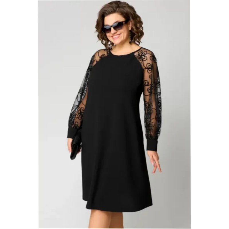 Elegant Black A Line Dress for Women with Round Neck Lace Long Sleeve Knee Length Formal Wedding Guest Style