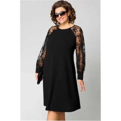 Elegant Black A Line Dress for Women with Round Neck Lace Long Sleeve Knee Length Formal Wedding Guest Style