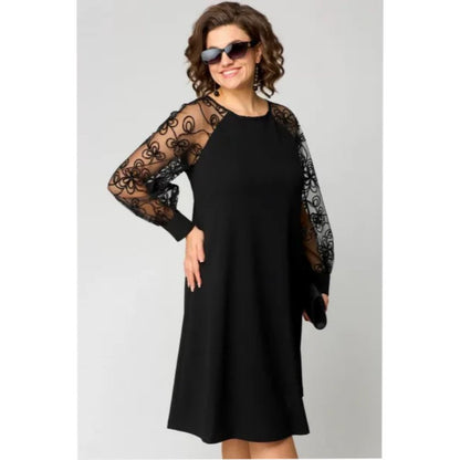 Elegant Black A Line Dress for Women with Round Neck Lace Long Sleeve Knee Length Formal Wedding Guest Style