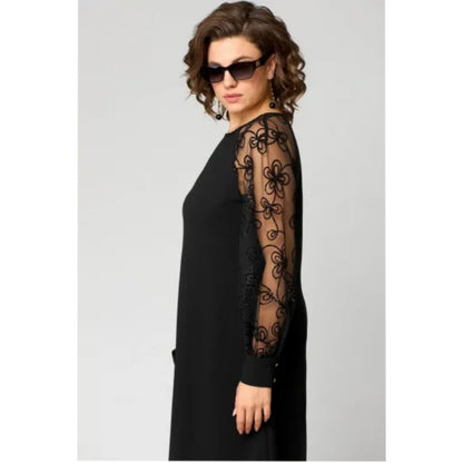 Elegant Black A Line Dress for Women with Round Neck Lace Long Sleeve Knee Length Formal Wedding Guest Style