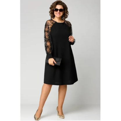 Elegant Black A Line Dress for Women with Round Neck Lace Long Sleeve Knee Length Formal Wedding Guest Style