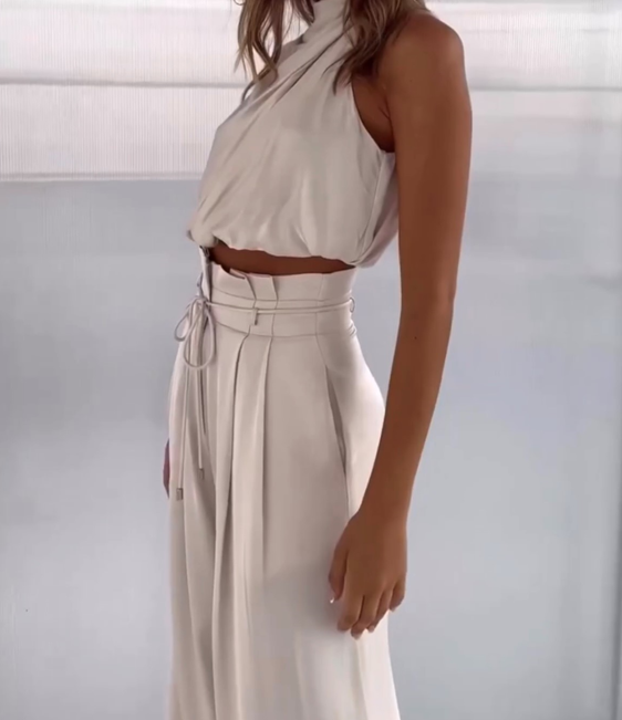 Elegant Satin Halter Top Two Piece Set for Women with Drawstring Wide Leg Pant Relaxed Style