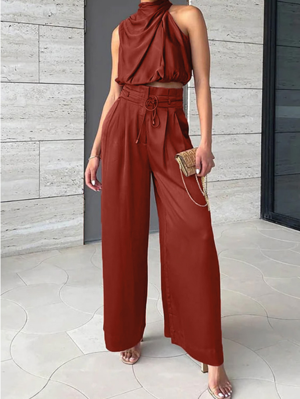 Elegant Satin Halter Top Two Piece Set for Women with Drawstring Wide Leg Pant Relaxed Style