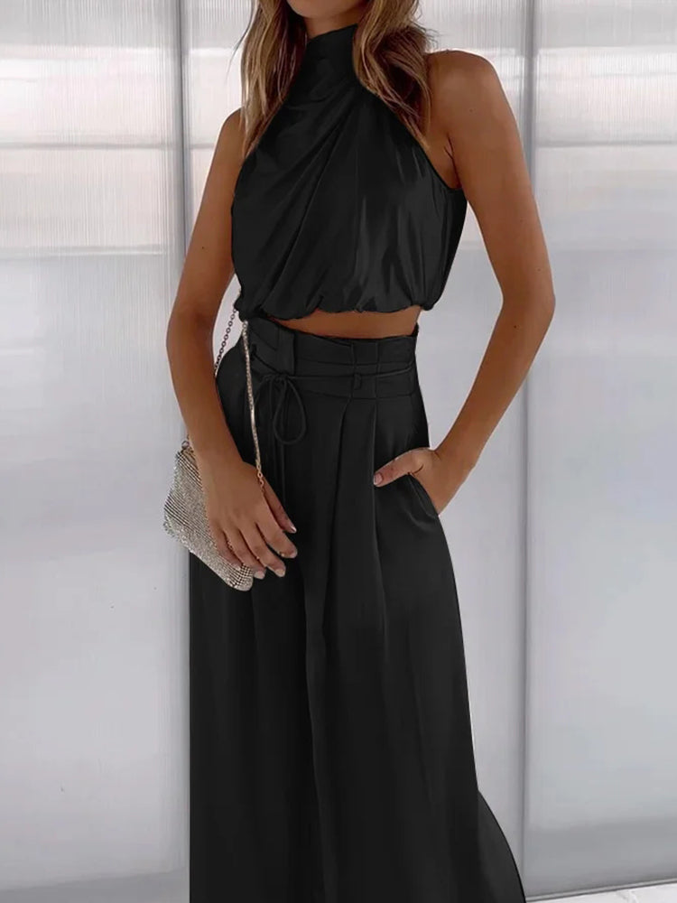 Elegant Satin Halter Top Two Piece Set for Women with Drawstring Wide Leg Pant Relaxed Style