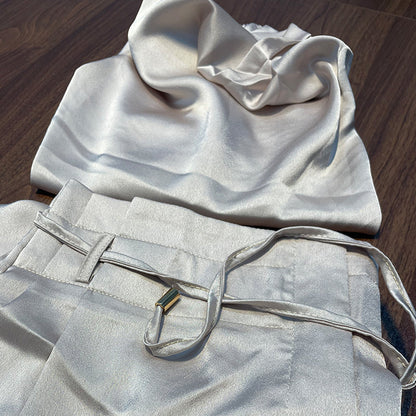 Elegant Satin Halter Top Two Piece Set for Women with Drawstring Wide Leg Pant Relaxed Style