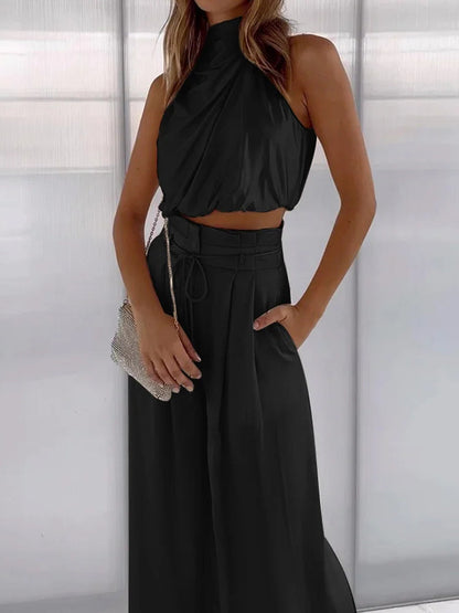 Elegant Satin Halter Top Two Piece Set for Women with Drawstring Wide Leg Pant Relaxed Style