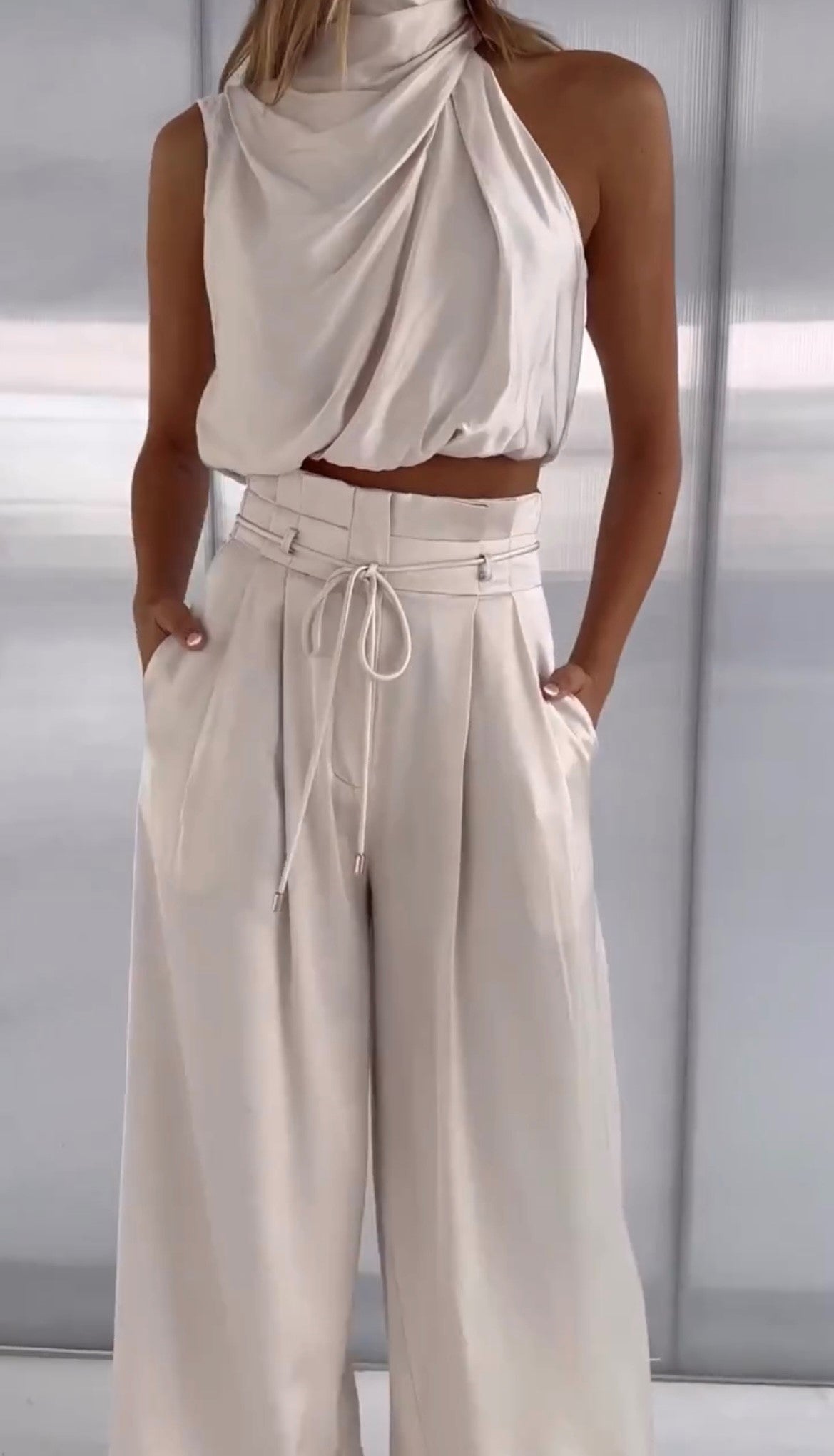 Elegant Satin Halter Top Two Piece Set for Women with Drawstring Wide Leg Pant Relaxed Style
