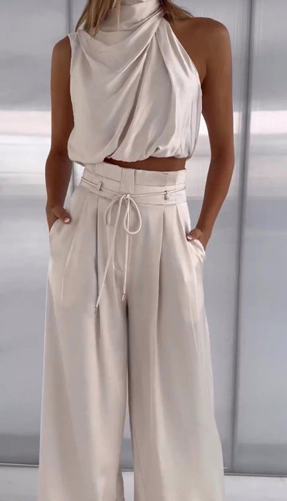 Elegant Satin Halter Top Two Piece Set for Women with Drawstring Wide Leg Pant Relaxed Style