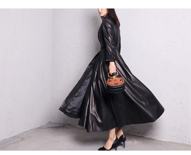 Elegant Black Faux Leather Maxi Trench Coat for Women with Notched Lapel Long Sleeve Belted Flared Style