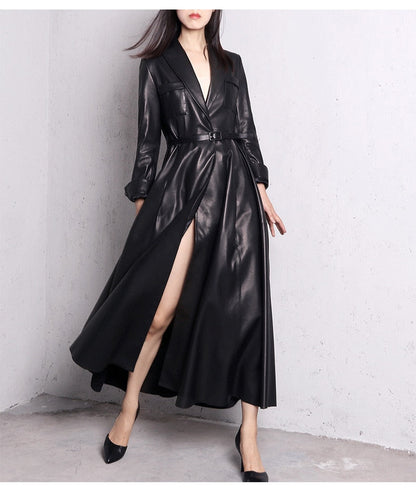 Elegant Black Faux Leather Maxi Trench Coat for Women with Notched Lapel Long Sleeve Belted Flared Style