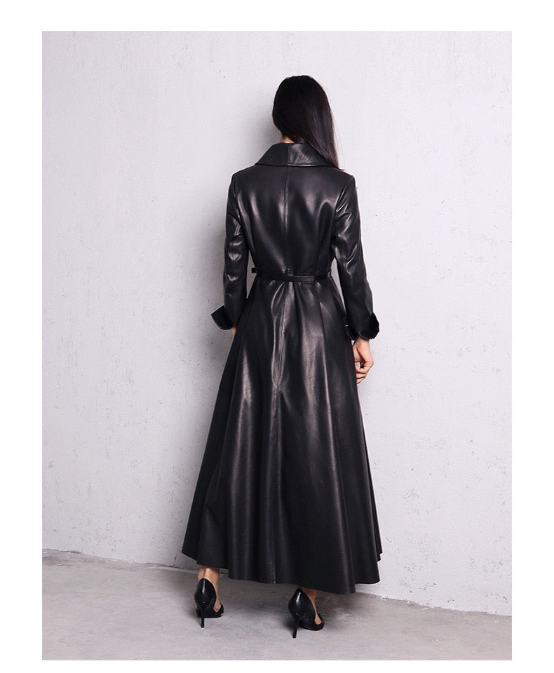 Elegant Black Faux Leather Maxi Trench Coat for Women with Notched Lapel Long Sleeve Belted Flared Style