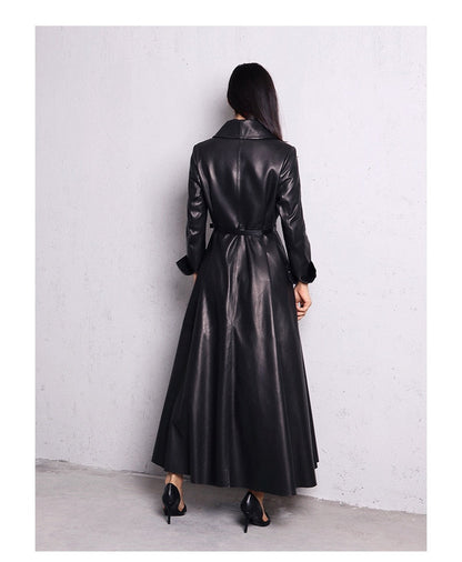 Elegant Black Faux Leather Maxi Trench Coat for Women with Notched Lapel Long Sleeve Belted Flared Style