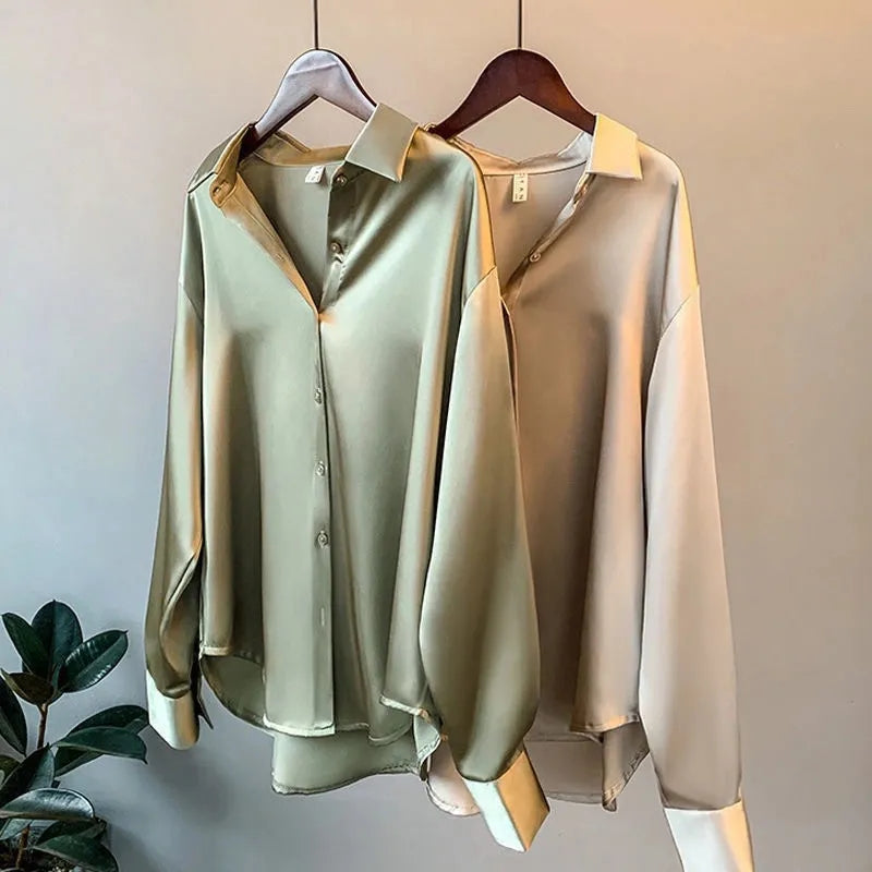 Elegant Champagne Satin Going Out Top for Women with Collar Long Sleeve Button Front Relaxed Silky Style