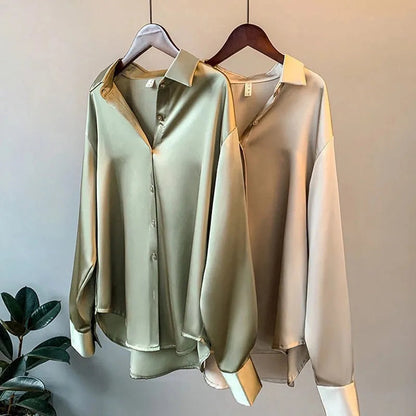 Elegant Champagne Satin Going Out Top for Women with Collar Long Sleeve Button Front Relaxed Silky Style